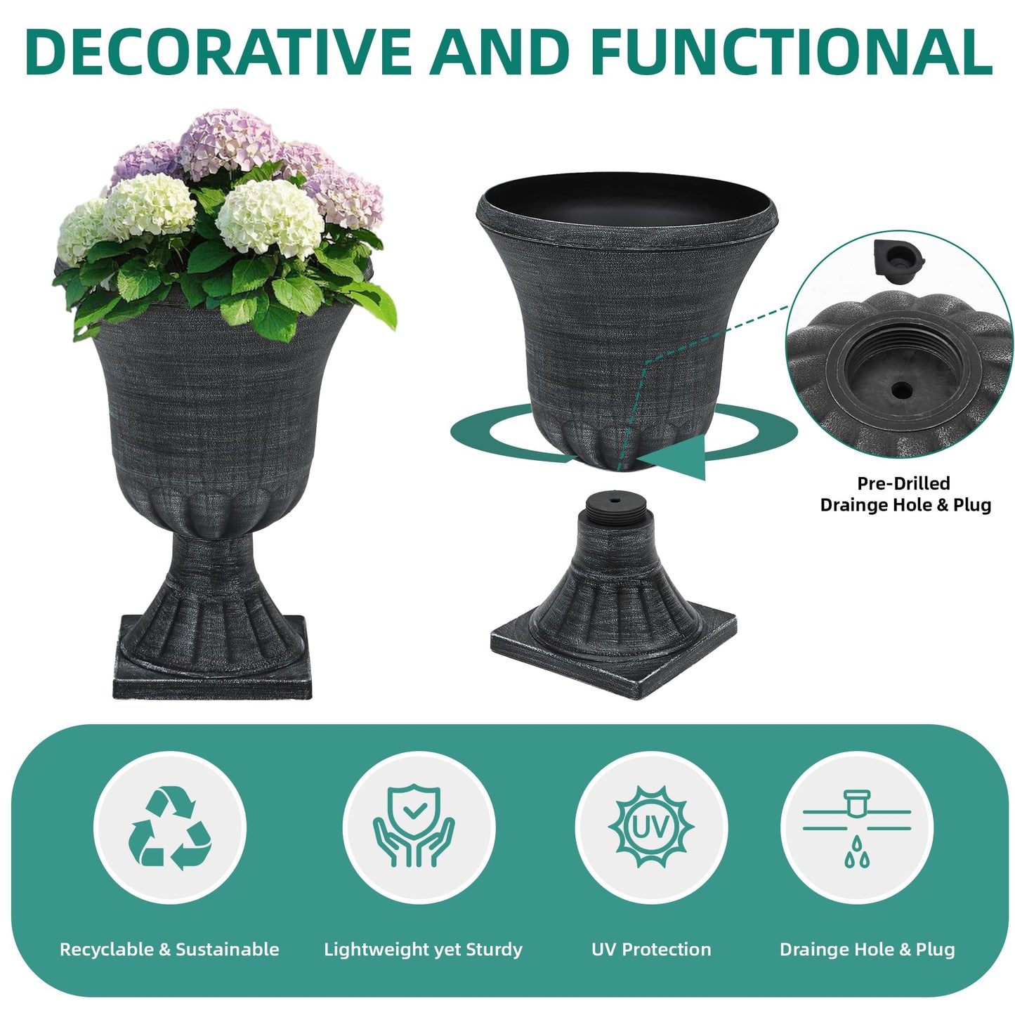 Autodaya 22" Urn Planters Outdoor Planter for Plants Set of 2 Timeless Plastic Large Flower Pot with Drainage Hole Terrazzo White Garden Pots for Porch, Patio Christmas Decor