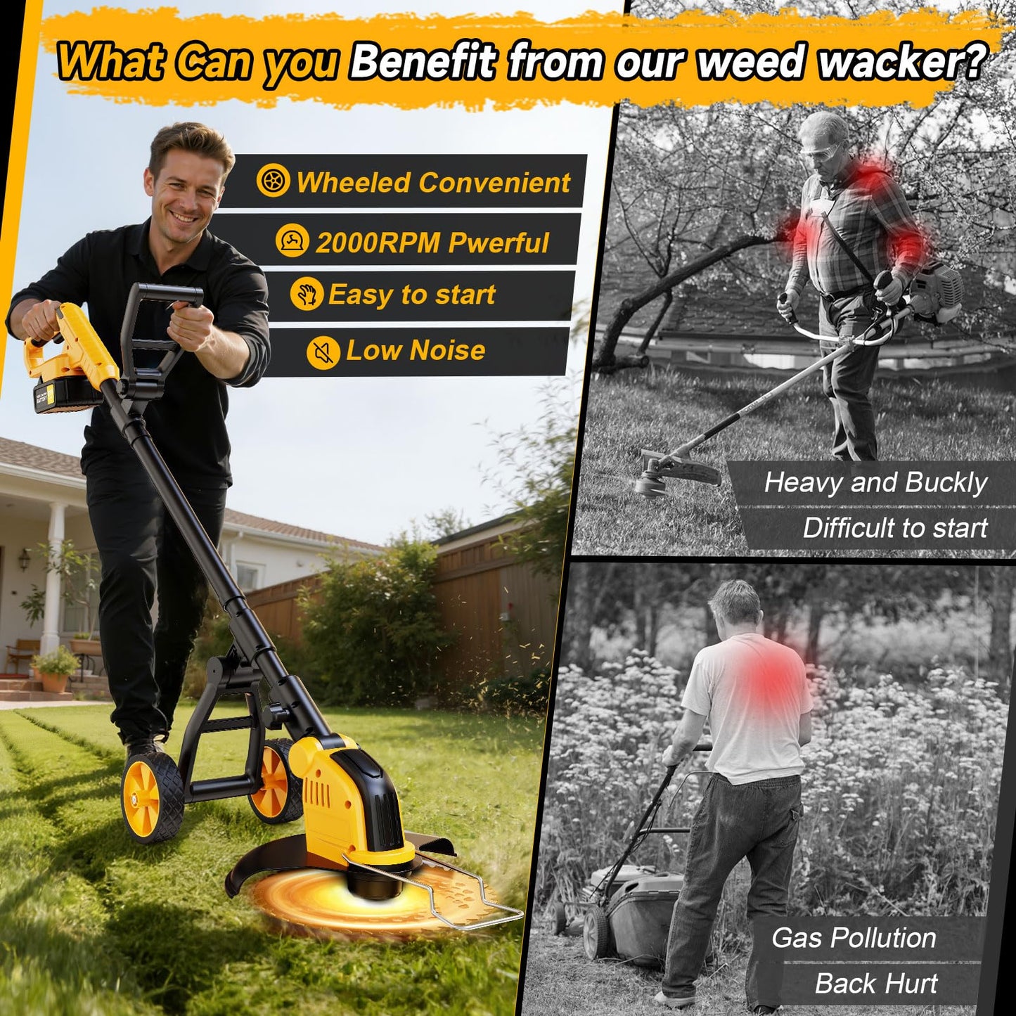 6000mAh 4-in-1 Electric Weed Wacker Cordless, 20000RPM Weed Eater Battery Powered, Heavy Duty Brush Cutter Edger Lawn Tool/Weed Trimmer/Grass Trimmer W/Wheel Metal Blade, 2 Battery Yard Tool