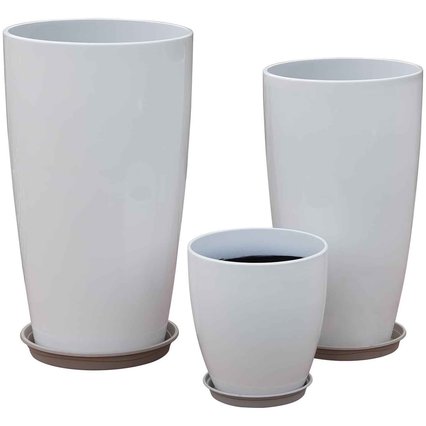 24,21,11 Inch Large Plastic Planters with Drainage Hole and Saucer - Set of 3 Tall Plant Pots Indoor Flower Pot Tall Round Planters Outdoor Large Tall Planter
