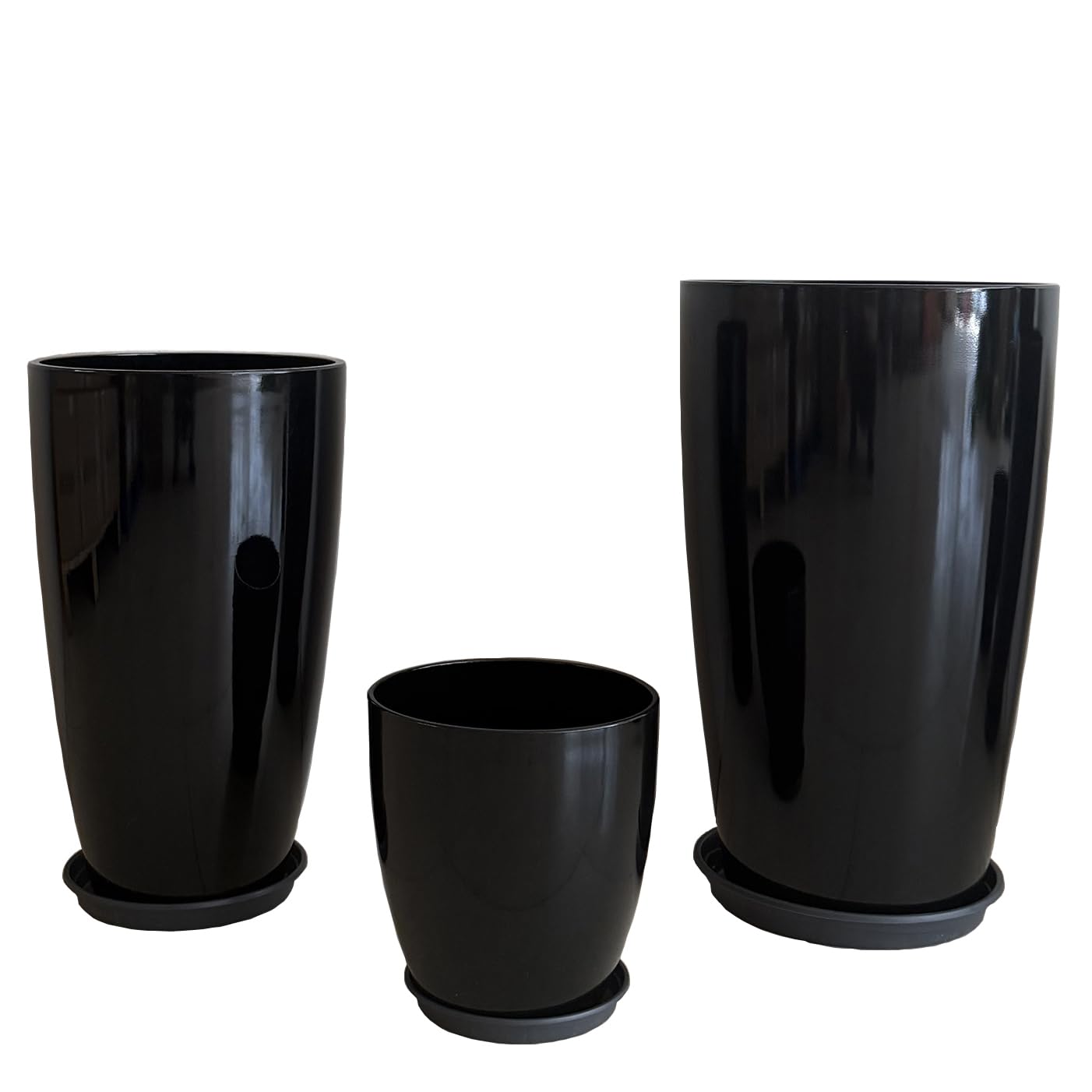 24,21,11 Inch Large Plastic Planters with Drainage Hole and Saucer - Set of 3 Tall Plant Pots Indoor Flower Pot Tall Round Planters Outdoor Large Tall Planter