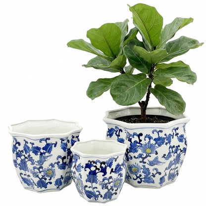 Galt International Blue & White Round Fluted Classic Floral Porcelain Ceramic Plant Flower Planter Pot Set of 3 (7.5", 10", 13") Garden Pots Chinese Asian Design