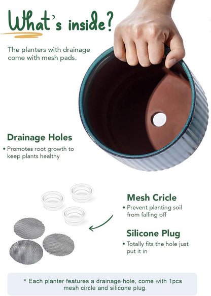 LE TAUCI Ceramic Plant Pots with Drainage Holes, Set of 3, 8+6.7+5.5 Inch Stripe Garden Planter Pots for Outdoor Indoor Plants Flower, Round Succulent Orchid Flower Pot, Reactive Glaze Black