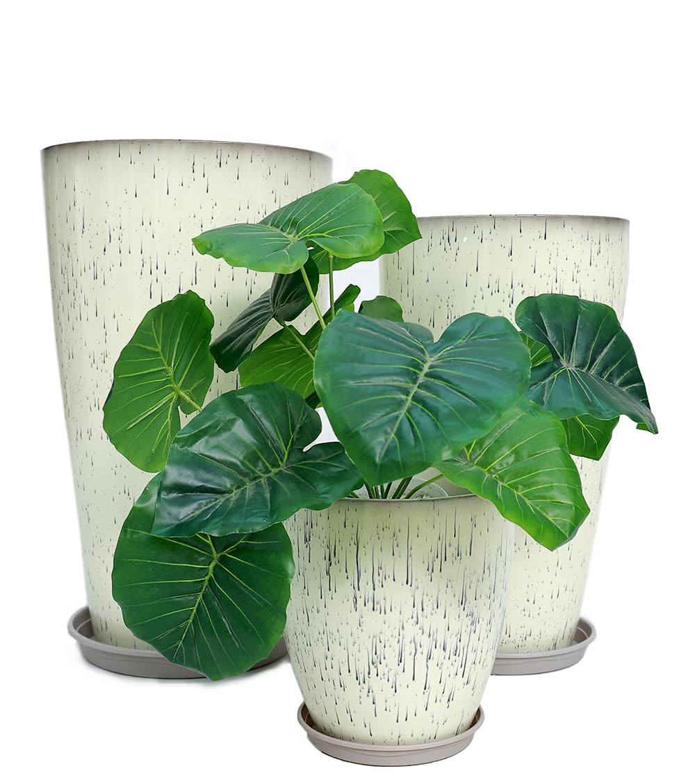 24,21,11 Inch Large Plastic Planters with Drainage Hole and Saucer - Set of 3 Tall Plant Pots Indoor Flower Pot Tall Round Planters Outdoor Large Tall Planter