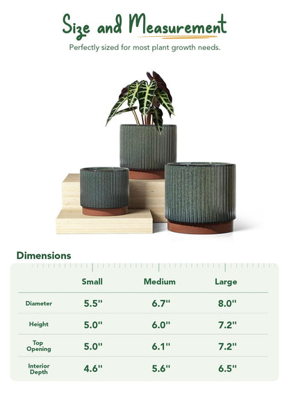 LE TAUCI Ceramic Plant Pots with Drainage Holes, Set of 3, 8+6.7+5.5 Inch Stripe Garden Planter Pots for Outdoor Indoor Plants Flower, Round Succulent Orchid Flower Pot, Reactive Glaze Black