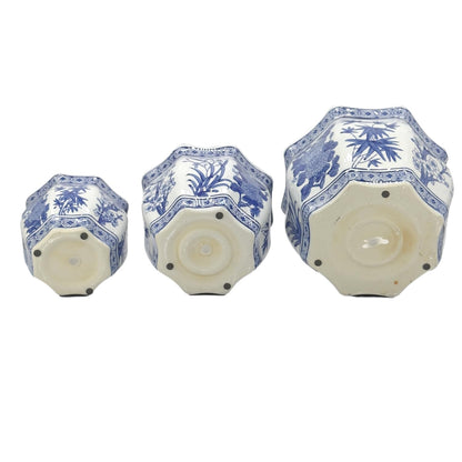 Galt International Blue & White Round Fluted Classic Floral Porcelain Ceramic Plant Flower Planter Pot Set of 3 (7.5", 10", 13") Garden Pots Chinese Asian Design