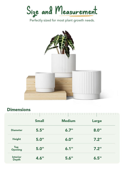 LE TAUCI Ceramic Plant Pots with Drainage Holes, Set of 3, 8+6.7+5.5 Inch Stripe Garden Planter Pots for Outdoor Indoor Plants Flower, Round Succulent Orchid Flower Pot, Reactive Glaze Black