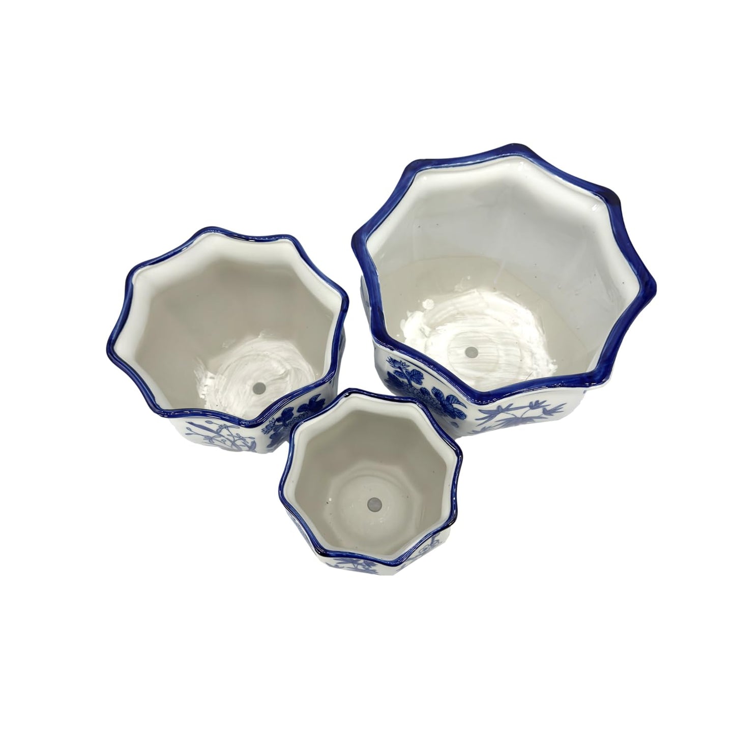 Galt International Blue & White Round Fluted Classic Floral Porcelain Ceramic Plant Flower Planter Pot Set of 3 (7.5", 10", 13") Garden Pots Chinese Asian Design