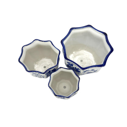 Galt International Blue & White Round Fluted Classic Floral Porcelain Ceramic Plant Flower Planter Pot Set of 3 (7.5", 10", 13") Garden Pots Chinese Asian Design