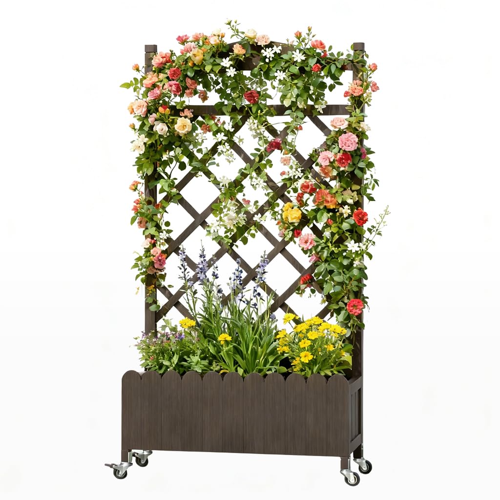 COMHOMA 2 Pack Planter Box with Trellis and Wheels, 48In Elevated Raised Garden Bed, Drainage Holes, Outdoor Lattice for Climbing Flowers, Vegetables, Patio Balcony, Brown