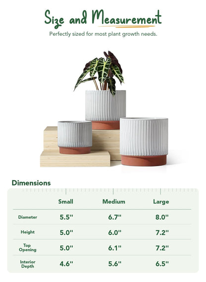 LE TAUCI Ceramic Plant Pots with Drainage Holes, Set of 3, 8+6.7+5.5 Inch Stripe Garden Planter Pots for Outdoor Indoor Plants Flower, Round Succulent Orchid Flower Pot, Reactive Glaze Black