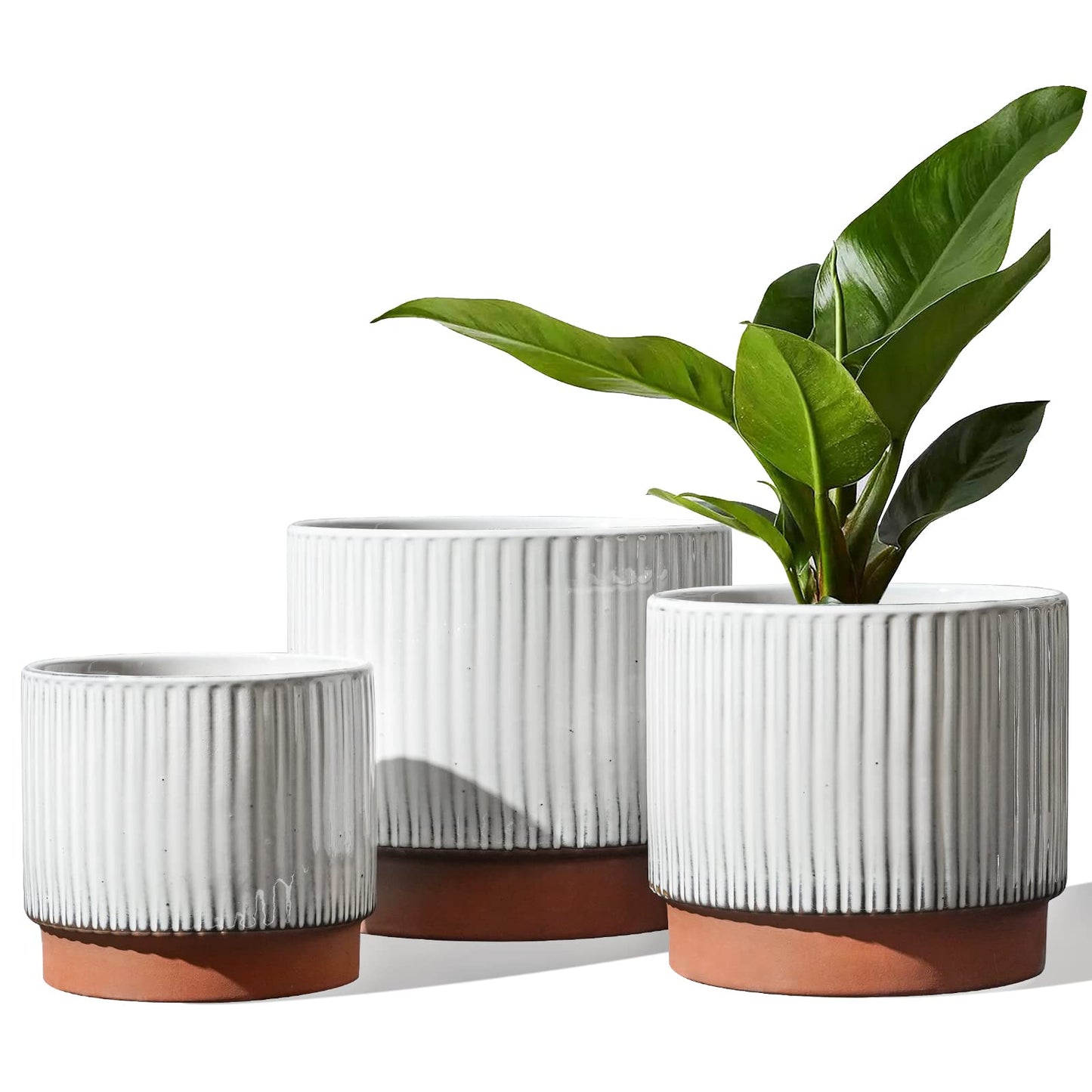LE TAUCI Ceramic Plant Pots with Drainage Holes, Set of 3, 8+6.7+5.5 Inch Stripe Garden Planter Pots for Outdoor Indoor Plants Flower, Round Succulent Orchid Flower Pot, Reactive Glaze Black