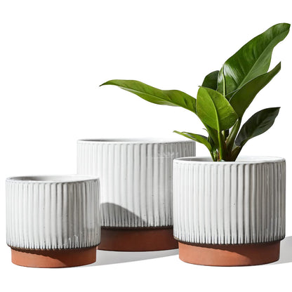 LE TAUCI Ceramic Plant Pots with Drainage Holes, Set of 3, 8+6.7+5.5 Inch Stripe Garden Planter Pots for Outdoor Indoor Plants Flower, Round Succulent Orchid Flower Pot, Reactive Glaze Black