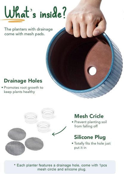 LE TAUCI Ceramic Plant Pots with Drainage Holes, Set of 3, 8+6.7+5.5 Inch Stripe Garden Planter Pots for Outdoor Indoor Plants Flower, Round Succulent Orchid Flower Pot, Reactive Glaze Black