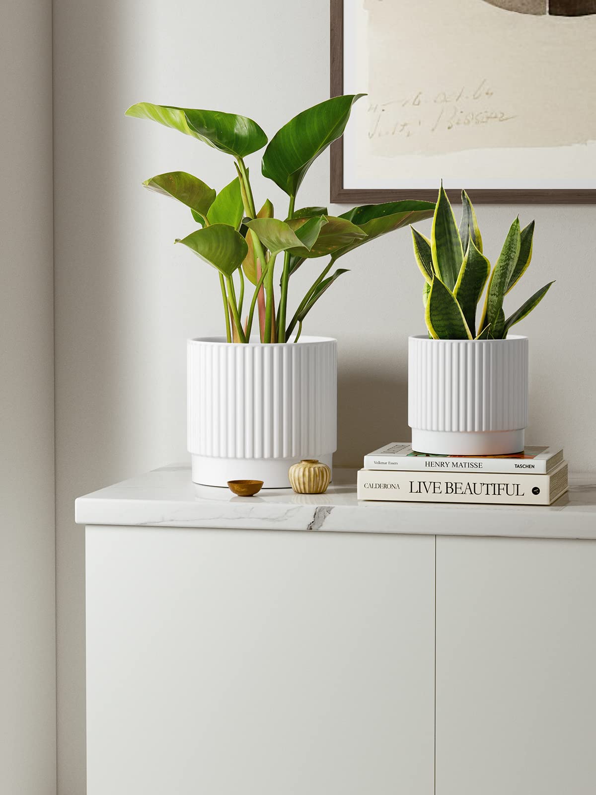 LE TAUCI Ceramic Plant Pots with Drainage Holes, Set of 3, 8+6.7+5.5 Inch Stripe Garden Planter Pots for Outdoor Indoor Plants Flower, Round Succulent Orchid Flower Pot, Reactive Glaze Black