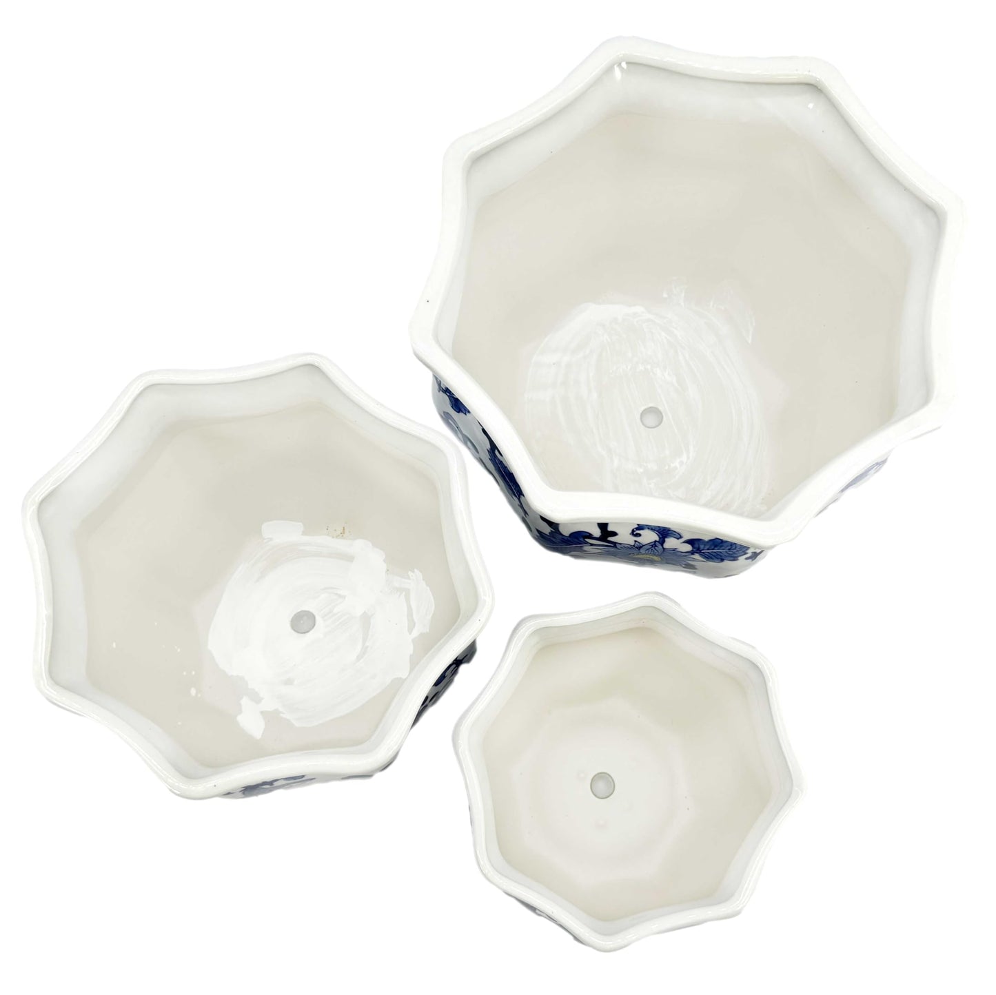 Galt International Blue & White Round Fluted Classic Floral Porcelain Ceramic Plant Flower Planter Pot Set of 3 (7.5", 10", 13") Garden Pots Chinese Asian Design