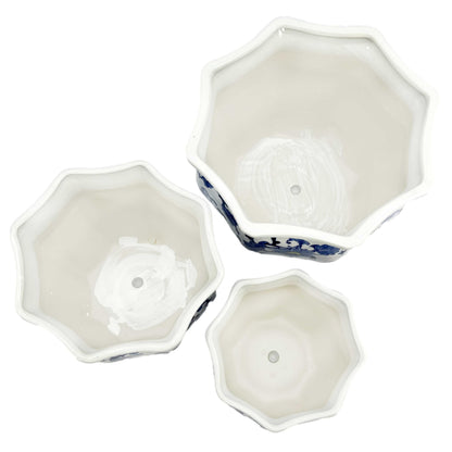 Galt International Blue & White Round Fluted Classic Floral Porcelain Ceramic Plant Flower Planter Pot Set of 3 (7.5", 10", 13") Garden Pots Chinese Asian Design