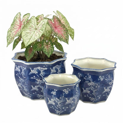 Galt International Blue & White Round Fluted Classic Floral Porcelain Ceramic Plant Flower Planter Pot Set of 3 (7.5", 10", 13") Garden Pots Chinese Asian Design