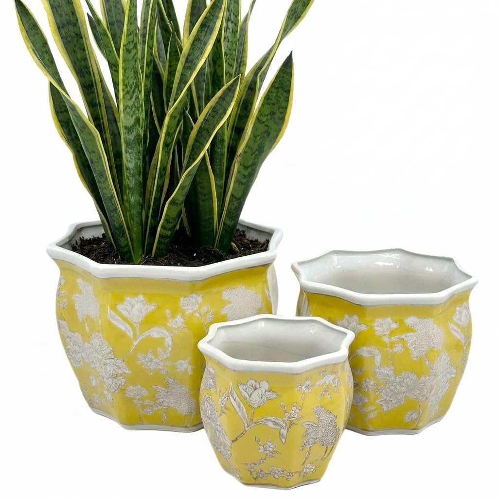 Galt International Blue & White Round Fluted Classic Floral Porcelain Ceramic Plant Flower Planter Pot Set of 3 (7.5", 10", 13") Garden Pots Chinese Asian Design