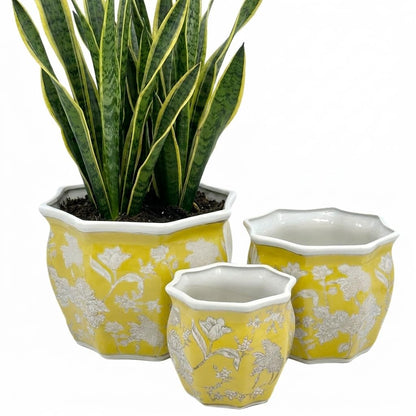 Galt International Blue & White Round Fluted Classic Floral Porcelain Ceramic Plant Flower Planter Pot Set of 3 (7.5", 10", 13") Garden Pots Chinese Asian Design