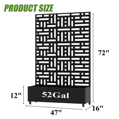 72" H Metal Raised Garden Bed with Trellis and Wheels, Privacy Screen Outdoor Planter Box with Decor Leaf Pattern, Large Mobile Vertical Planter for Patio, Balcony & Backyard