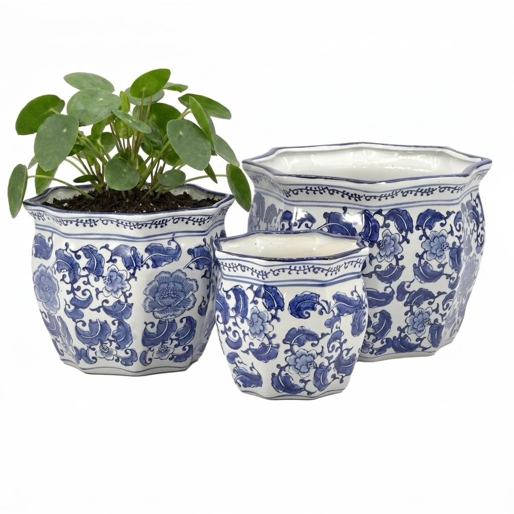 Galt International Blue & White Round Fluted Classic Floral Porcelain Ceramic Plant Flower Planter Pot Set of 3 (7.5", 10", 13") Garden Pots Chinese Asian Design