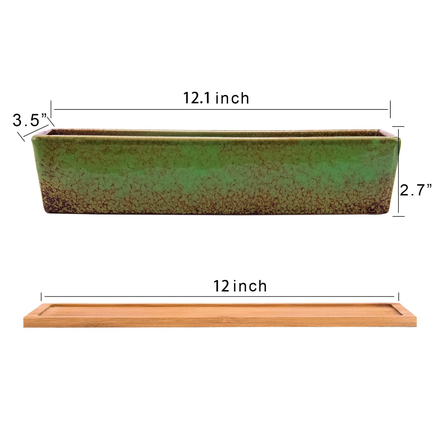 Succulent Pots - 12.1 Inch Large Succulent Planters Pots with Drainage Tray, Long Rectangle Ceramic Pot for Indoor Cactus/Succulent Plants Shallow Bonsai Window Box for Home Garden Decor (Blue)