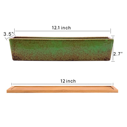 Succulent Pots - 12.1 Inch Large Succulent Planters Pots with Drainage Tray, Long Rectangle Ceramic Pot for Indoor Cactus/Succulent Plants Shallow Bonsai Window Box for Home Garden Decor (Blue)