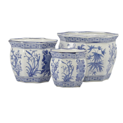 Galt International Blue & White Round Fluted Classic Floral Porcelain Ceramic Plant Flower Planter Pot Set of 3 (7.5", 10", 13") Garden Pots Chinese Asian Design