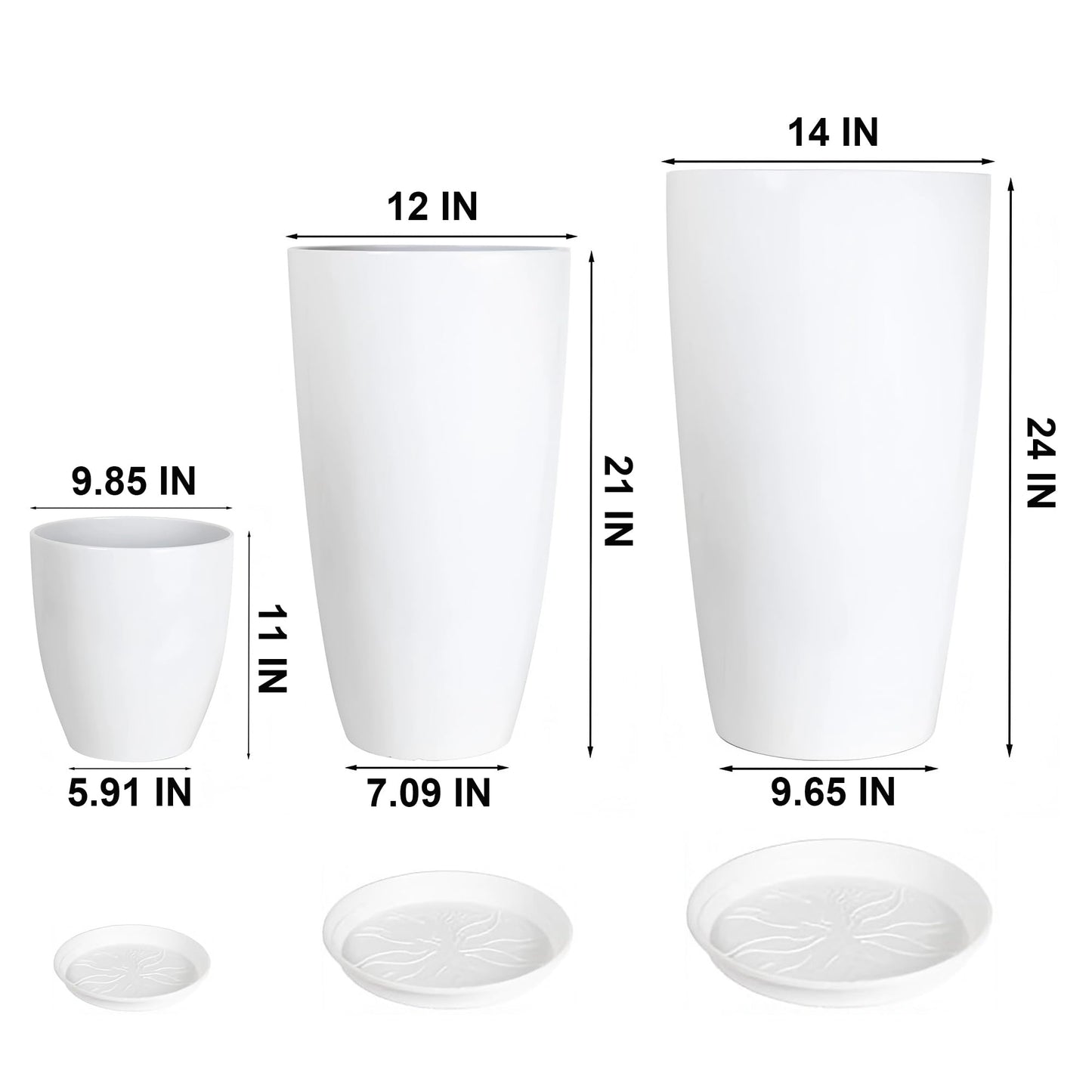 24,21,11 Inch Large Plastic Planters with Drainage Hole and Saucer - Set of 3 Tall Plant Pots Indoor Flower Pot Tall Round Planters Outdoor Large Tall Planter