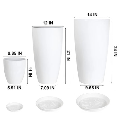 24,21,11 Inch Large Plastic Planters with Drainage Hole and Saucer - Set of 3 Tall Plant Pots Indoor Flower Pot Tall Round Planters Outdoor Large Tall Planter