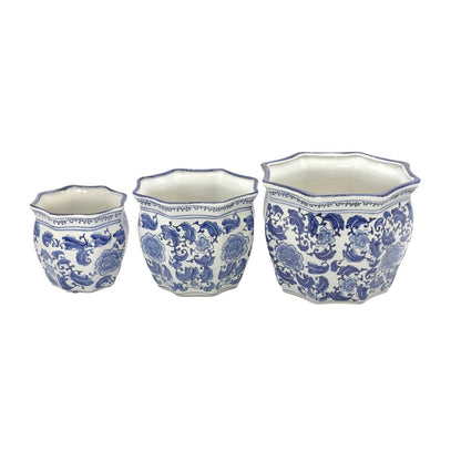 Galt International Blue & White Round Fluted Classic Floral Porcelain Ceramic Plant Flower Planter Pot Set of 3 (7.5", 10", 13") Garden Pots Chinese Asian Design