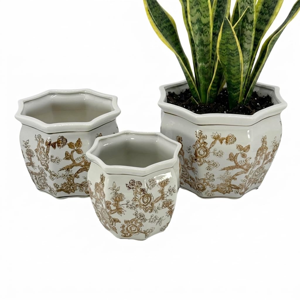 Galt International Blue & White Round Fluted Classic Floral Porcelain Ceramic Plant Flower Planter Pot Set of 3 (7.5", 10", 13") Garden Pots Chinese Asian Design