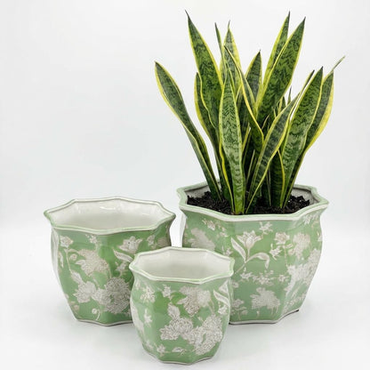 Galt International Blue & White Round Fluted Classic Floral Porcelain Ceramic Plant Flower Planter Pot Set of 3 (7.5", 10", 13") Garden Pots Chinese Asian Design