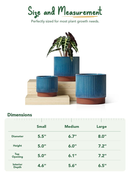 LE TAUCI Ceramic Plant Pots with Drainage Holes, Set of 3, 8+6.7+5.5 Inch Stripe Garden Planter Pots for Outdoor Indoor Plants Flower, Round Succulent Orchid Flower Pot, Reactive Glaze Black