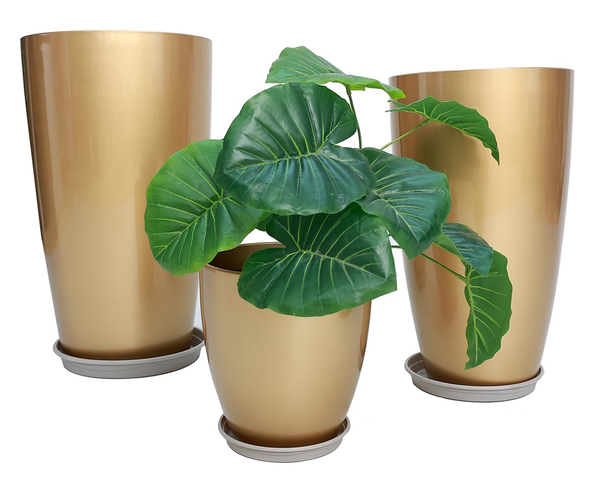 24,21,11 Inch Large Plastic Planters with Drainage Hole and Saucer - Set of 3 Tall Plant Pots Indoor Flower Pot Tall Round Planters Outdoor Large Tall Planter