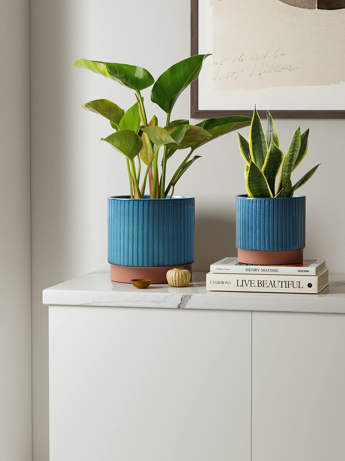 LE TAUCI Ceramic Plant Pots with Drainage Holes, Set of 3, 8+6.7+5.5 Inch Stripe Garden Planter Pots for Outdoor Indoor Plants Flower, Round Succulent Orchid Flower Pot, Reactive Glaze Black