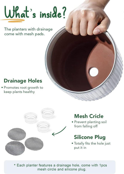 LE TAUCI Ceramic Plant Pots with Drainage Holes, Set of 3, 8+6.7+5.5 Inch Stripe Garden Planter Pots for Outdoor Indoor Plants Flower, Round Succulent Orchid Flower Pot, Reactive Glaze Black
