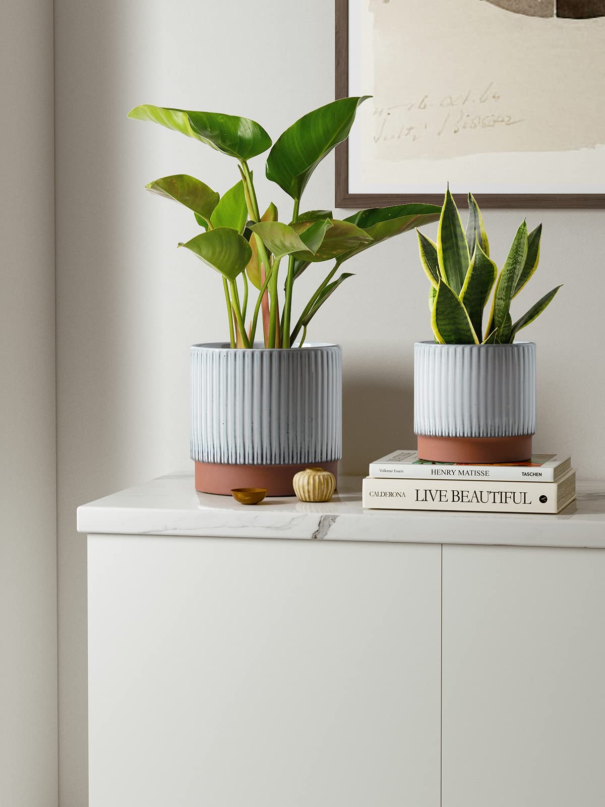 LE TAUCI Ceramic Plant Pots with Drainage Holes, Set of 3, 8+6.7+5.5 Inch Stripe Garden Planter Pots for Outdoor Indoor Plants Flower, Round Succulent Orchid Flower Pot, Reactive Glaze Black