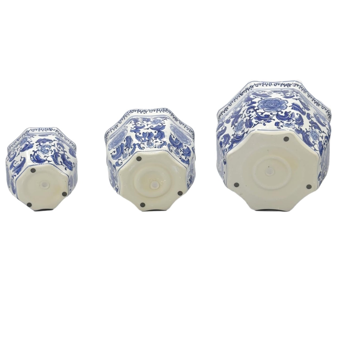 Galt International Blue & White Round Fluted Classic Floral Porcelain Ceramic Plant Flower Planter Pot Set of 3 (7.5", 10", 13") Garden Pots Chinese Asian Design