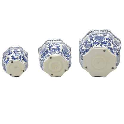 Galt International Blue & White Round Fluted Classic Floral Porcelain Ceramic Plant Flower Planter Pot Set of 3 (7.5", 10", 13") Garden Pots Chinese Asian Design