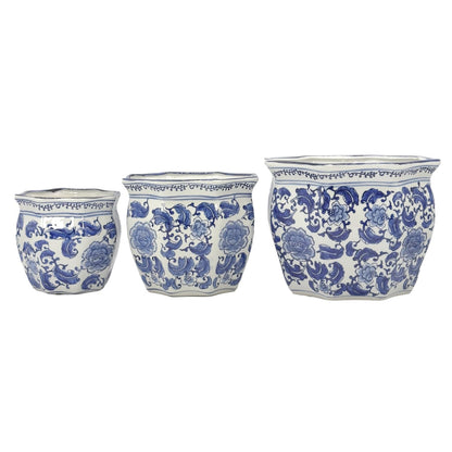 Galt International Blue & White Round Fluted Classic Floral Porcelain Ceramic Plant Flower Planter Pot Set of 3 (7.5", 10", 13") Garden Pots Chinese Asian Design