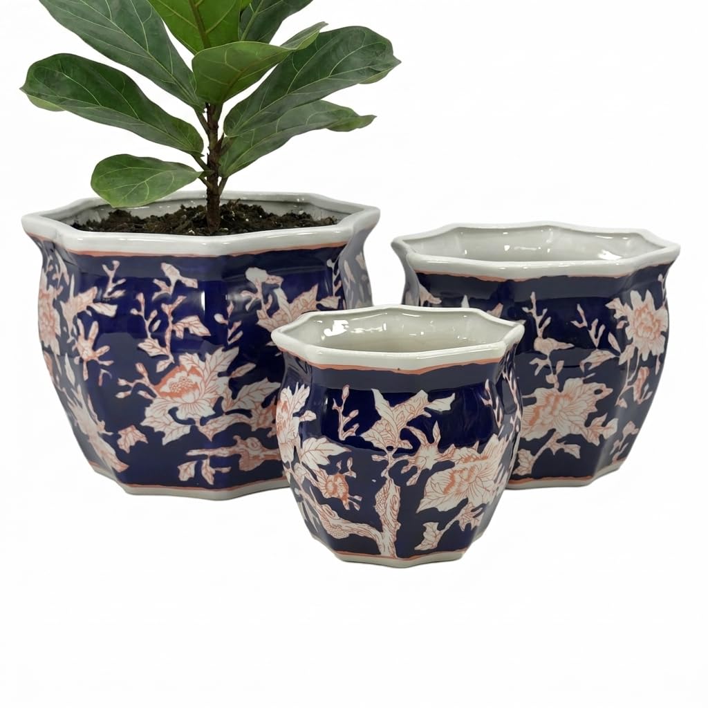 Galt International Blue & White Round Fluted Classic Floral Porcelain Ceramic Plant Flower Planter Pot Set of 3 (7.5", 10", 13") Garden Pots Chinese Asian Design