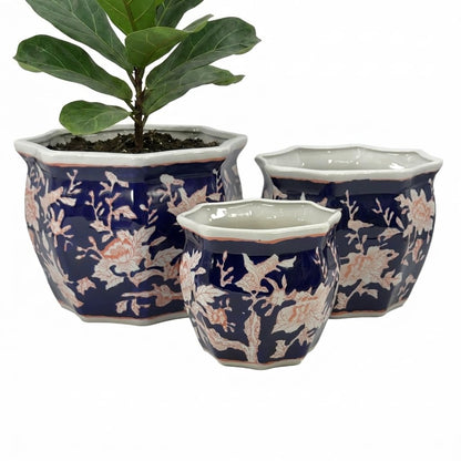 Galt International Blue & White Round Fluted Classic Floral Porcelain Ceramic Plant Flower Planter Pot Set of 3 (7.5", 10", 13") Garden Pots Chinese Asian Design