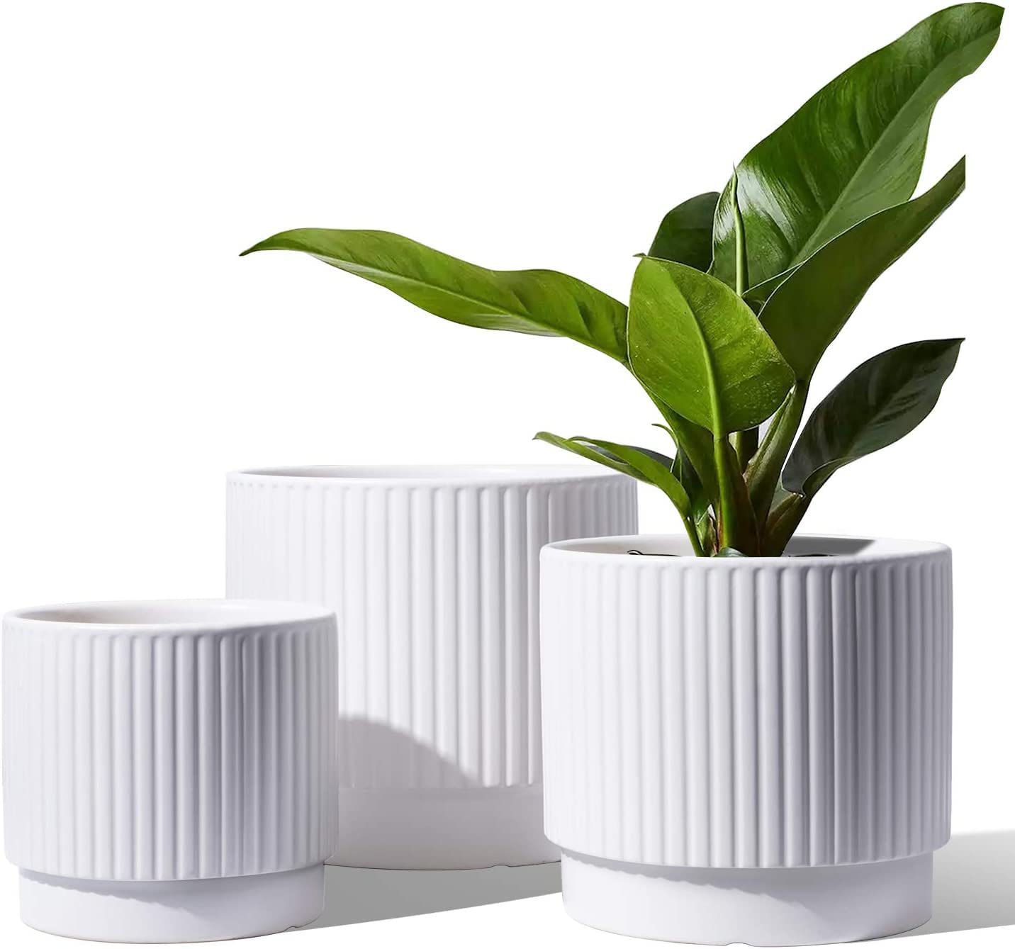LE TAUCI Ceramic Plant Pots with Drainage Holes, Set of 3, 8+6.7+5.5 Inch Stripe Garden Planter Pots for Outdoor Indoor Plants Flower, Round Succulent Orchid Flower Pot, Reactive Glaze Black