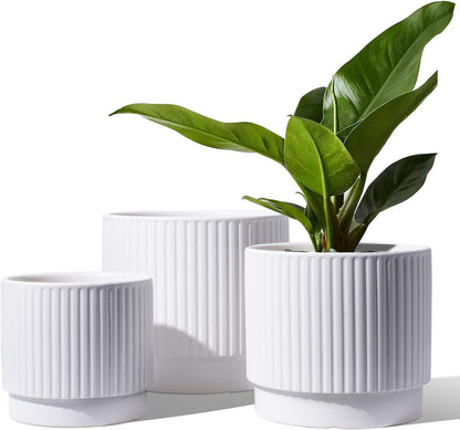 LE TAUCI Ceramic Plant Pots with Drainage Holes, Set of 3, 8+6.7+5.5 Inch Stripe Garden Planter Pots for Outdoor Indoor Plants Flower, Round Succulent Orchid Flower Pot, Reactive Glaze Black