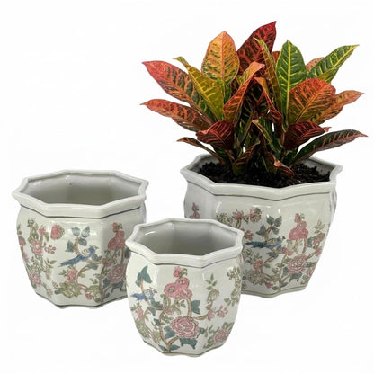 Galt International Blue & White Round Fluted Classic Floral Porcelain Ceramic Plant Flower Planter Pot Set of 3 (7.5", 10", 13") Garden Pots Chinese Asian Design