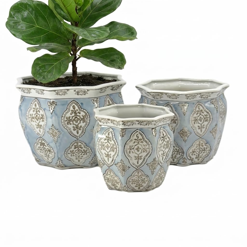 Galt International Blue & White Round Fluted Classic Floral Porcelain Ceramic Plant Flower Planter Pot Set of 3 (7.5", 10", 13") Garden Pots Chinese Asian Design