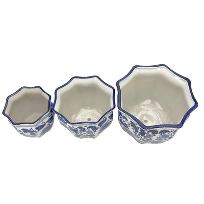 Galt International Blue & White Round Fluted Classic Floral Porcelain Ceramic Plant Flower Planter Pot Set of 3 (7.5", 10", 13") Garden Pots Chinese Asian Design