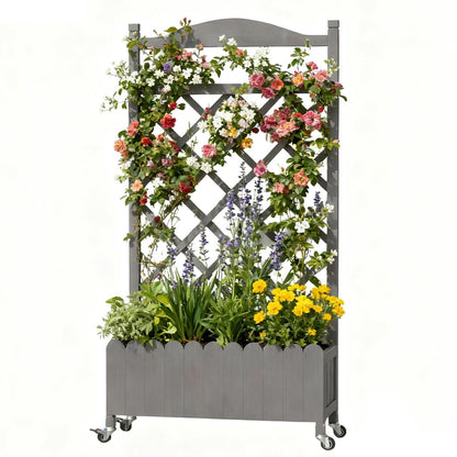COMHOMA 2 Pack Planter Box with Trellis and Wheels, 48In Elevated Raised Garden Bed, Drainage Holes, Outdoor Lattice for Climbing Flowers, Vegetables, Patio Balcony, Brown