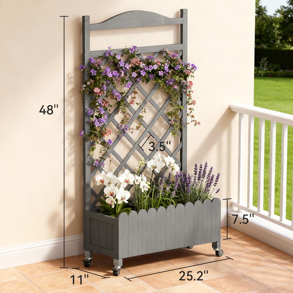 COMHOMA 2 Pack Planter Box with Trellis and Wheels, 48In Elevated Raised Garden Bed, Drainage Holes, Outdoor Lattice for Climbing Flowers, Vegetables, Patio Balcony, Brown